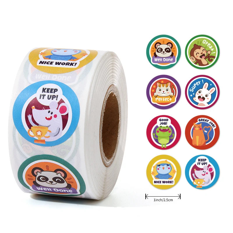 Animal Stickers Roll 1inch/2.5cm, 50-500 Pcs, Reward Labels for Students, Envelope Seals
