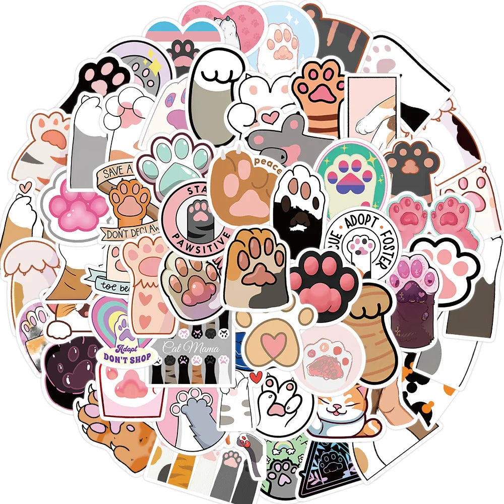 61PCS Cartoon Cat Paw Stickers For Phone Suitcase Ipad Stationery Laptop Cartoon Sticker DIY Craft Supplies Decals Toys