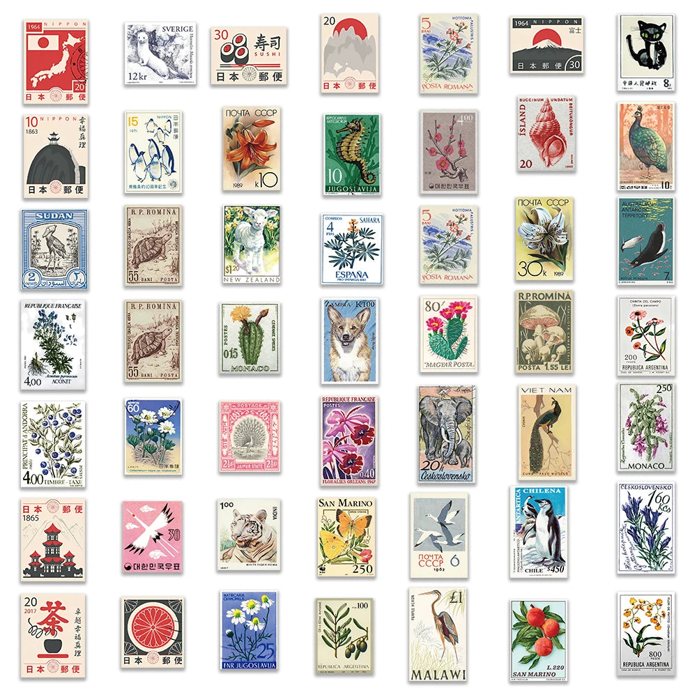 50pcs Retro Stamp Art Stickers Vintage Aesthetic Cartoon Decals For Laptop Luggage Skateboard Phone Sticker Kids Toys