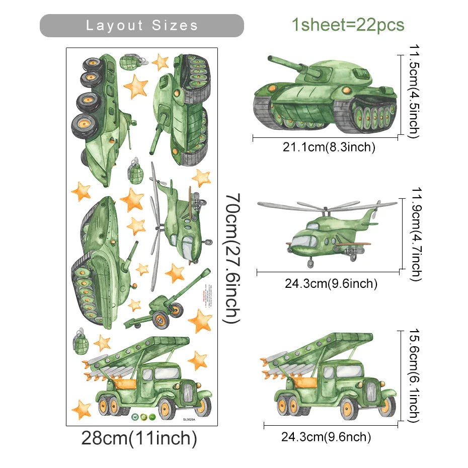 Cartoon Tank Helicopter Wall Stickers Kids Room Decor