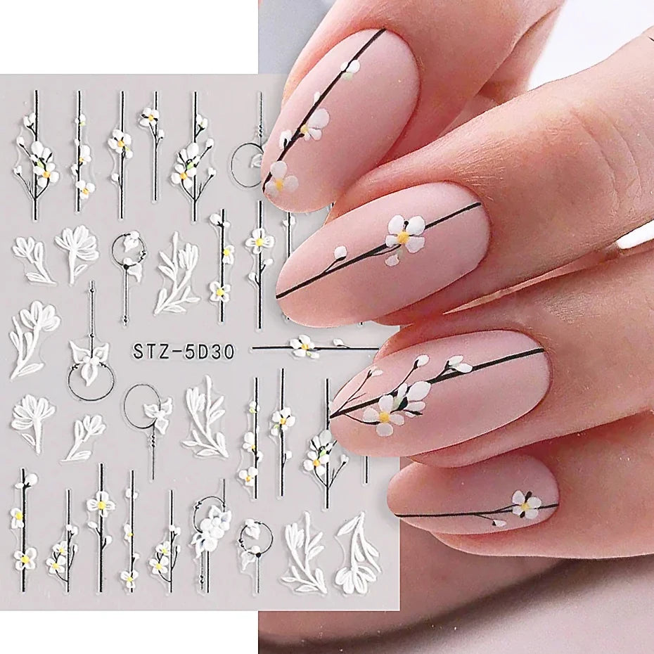 5D Floral Nail Stickers Wedding Design Embossed Adhesive Sliders