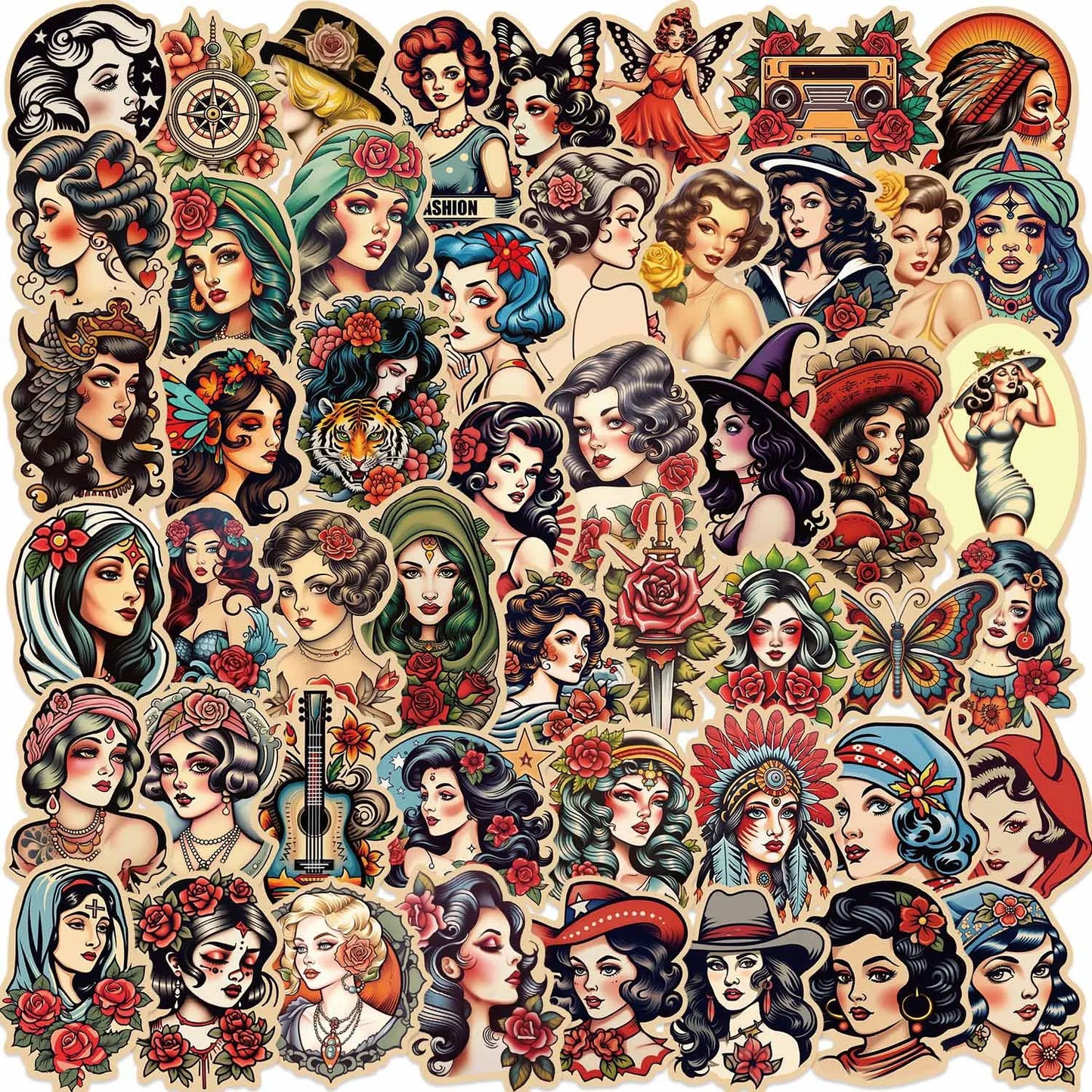 Cartoon Retro Tattoo Girl Stickers for Phone Laptop Luggage Skateboard Decals Gift