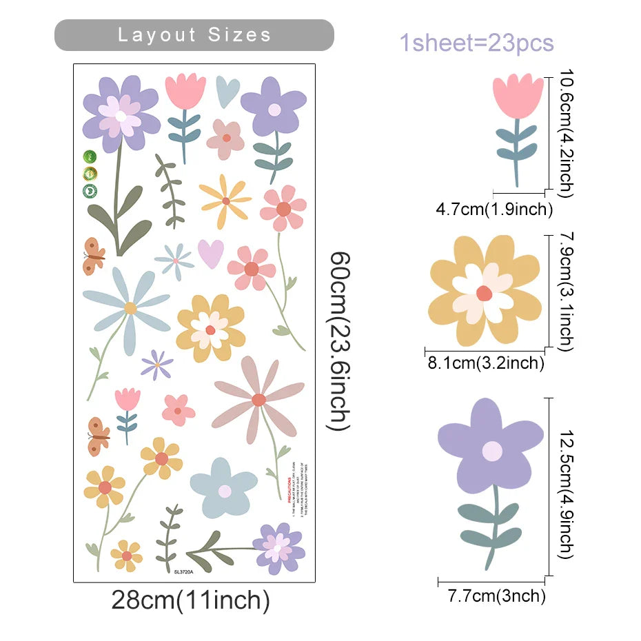 Cartoon Flower Wall Stickers for Kids Nursery Bedroom Decor Removable PVC Decals