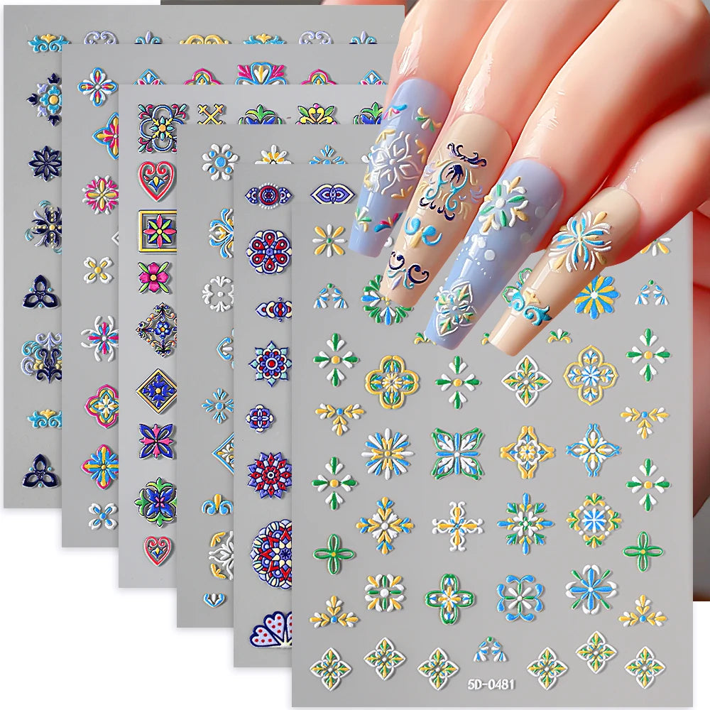 Boho 5D Floral Nail Stickers: Blue Yellow Abstract Decals