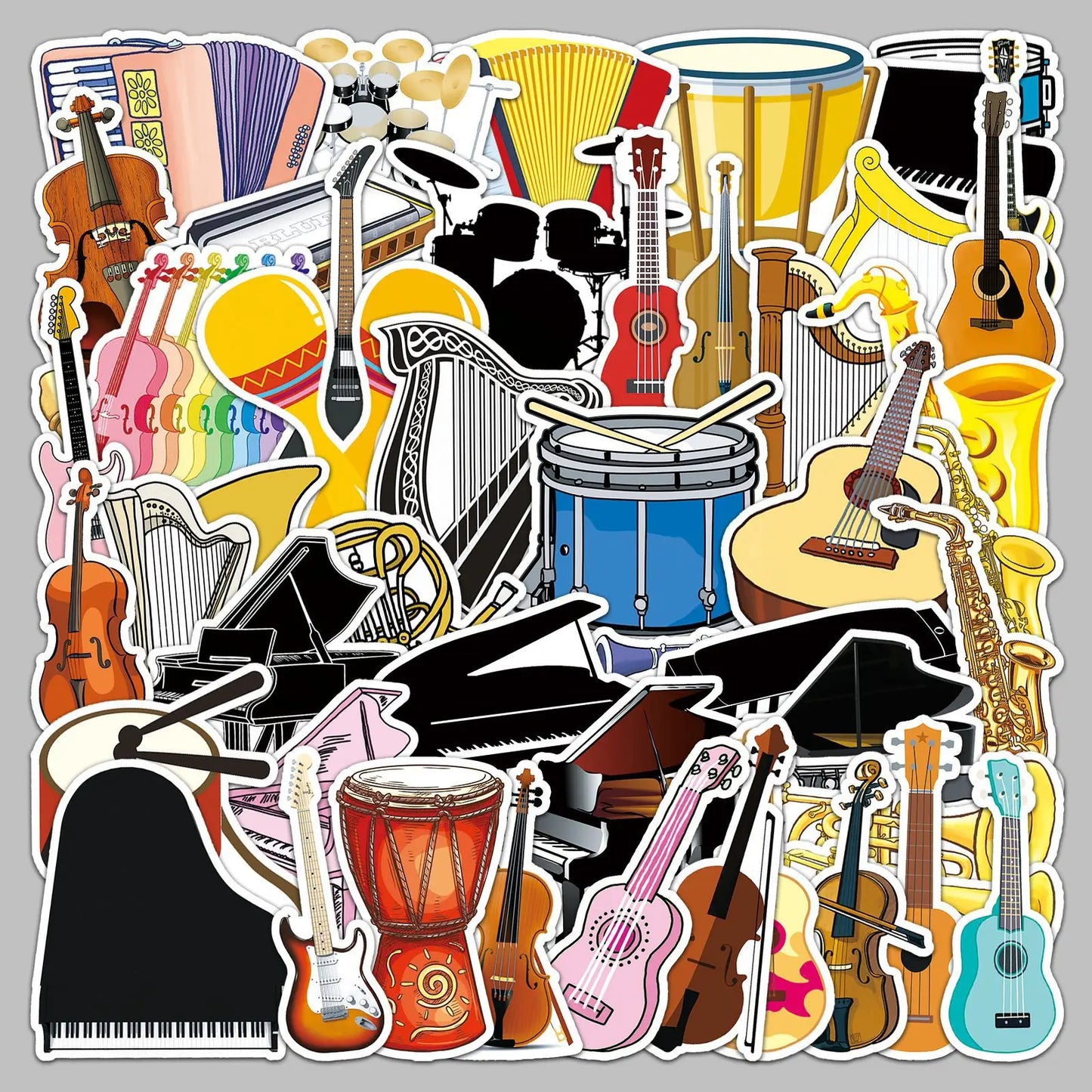 50pcs Cartoon Music Instrument Stickers for Helmet, Wall, DIY Decor