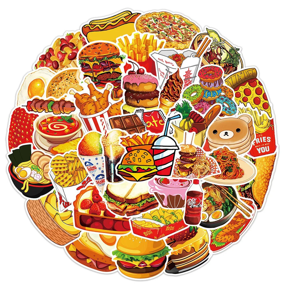 Cute Food Burger Fries Cartoon Stickers for Laptop Luggage Skateboard Kids