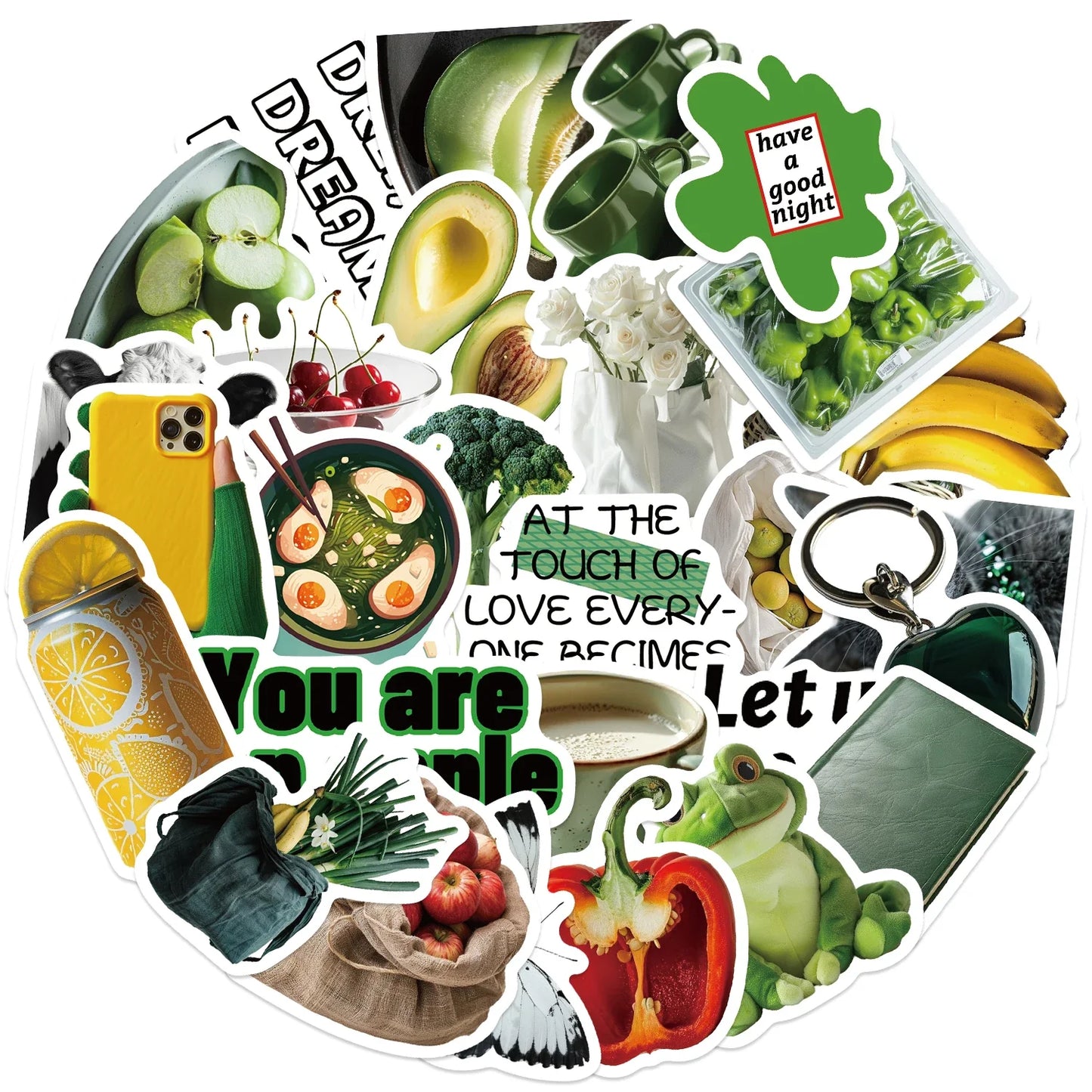 30Pcs Green Veggie Fruit Stickers Waterproof Decals