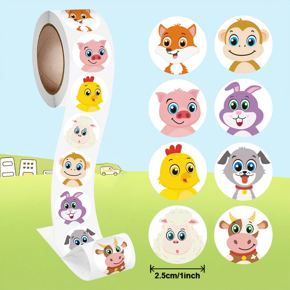 Cartoon Animal Reward Stickers 1" DIY Decor 100-500pcs