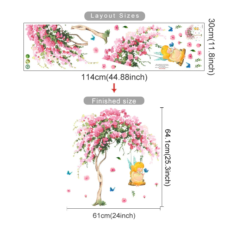 Pink Elf Tree Swing Wall Stickers Removable Decals for Bedroom Nursery Decor