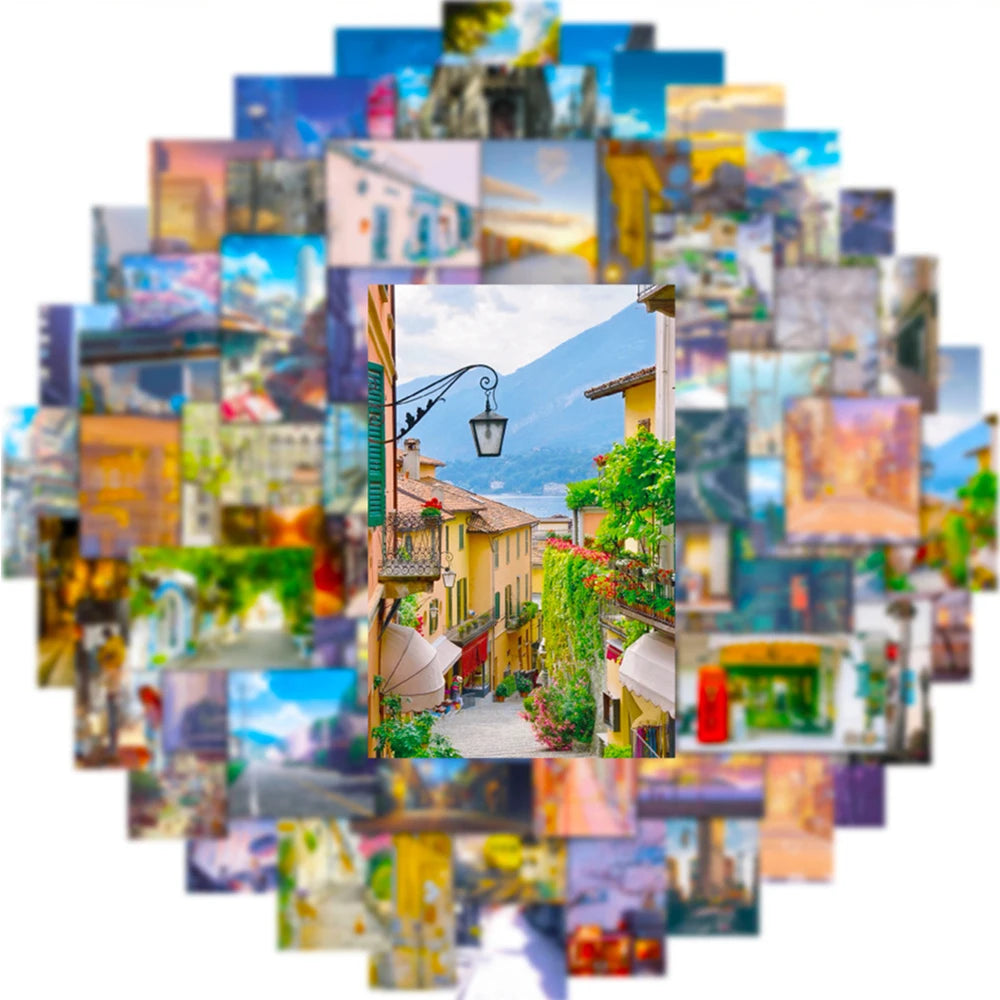 10/30/50PCS Cartoon View Street Landscape Stickers Aesthetic PVC Waterproof Decals Luggage Guitar Skateboard Sticker Decals Toys