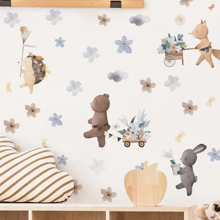 Cute Cartoon Animal Wall Stickers: Rabbits, Foxes, Bears Nursery Decor