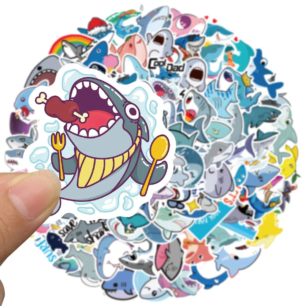 50/100pcs Cute Cartoon Animals Sharks Stickers For Laptop Water Bottle Fridge Waterproof Graffiti Skateboard Car Decals