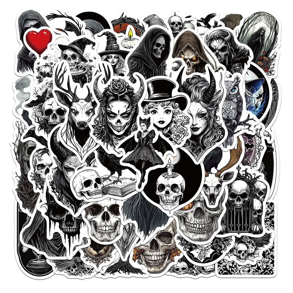 Black White Gothic Skull Stickers 10/30/50pcs Waterproof for Kids Toys Skateboard Laptop Motorcycle Phone