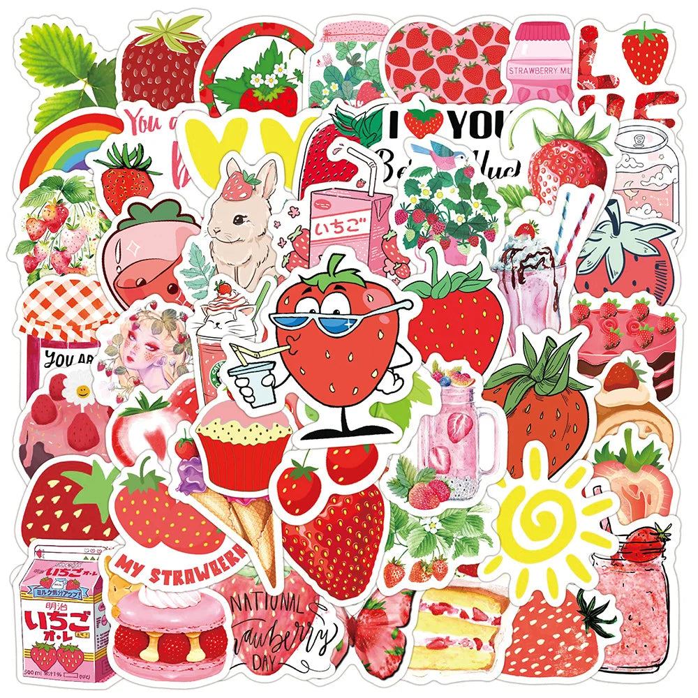 50pcs Cute Strawberry Dessert Stickers for Helmet, Wall, DIY Decoration