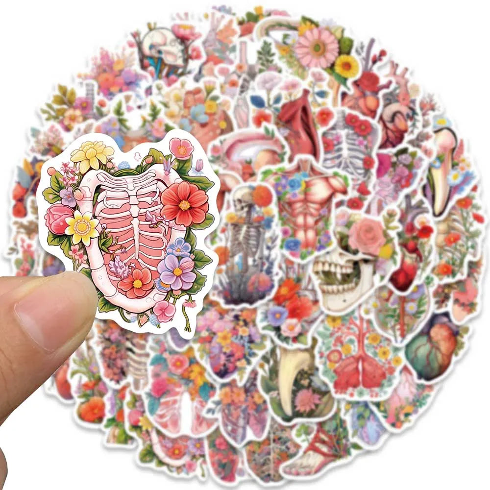 50pcs Colorful Cartoon Flowers Skull Human Organs Graffiti Stickers For Laptop Phone Guitar Luggage Waterproof Vinyl Decals