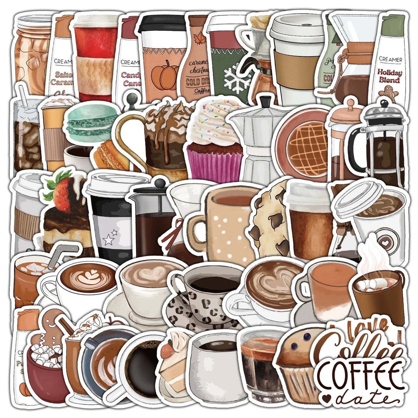 50Pcs Coffee Cartoon Stickers for Helmet, Wall, DIY Decoration