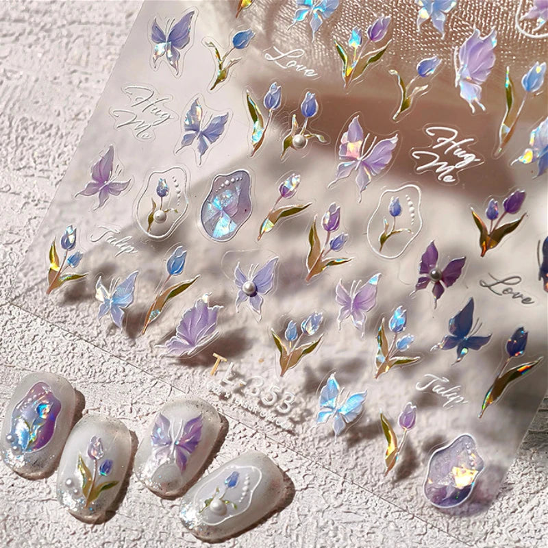 5D Tulip Butterfly Pearl Nail Art Stickers Decals