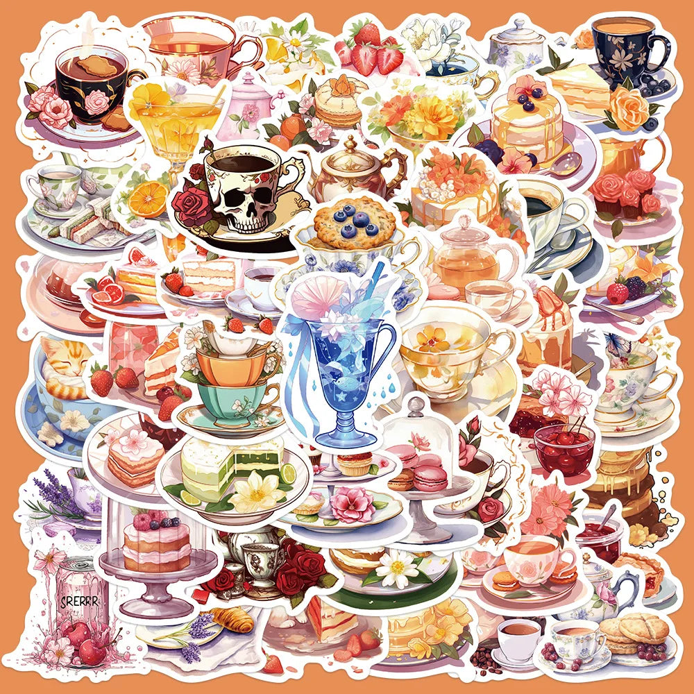 50pcs Afternoon Tea Graffiti Stickers for Helmet, Desktop, Wall Decoration, DIY Wholesale