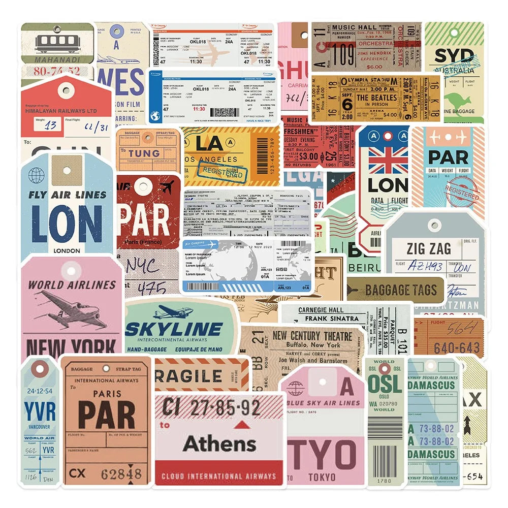 10/40pcs Vintage Boarding Pass Air Tickets Travel Stickers Decals DIY Luggage Suitcase Phone Car Laptop Waterproof Cool Sticker