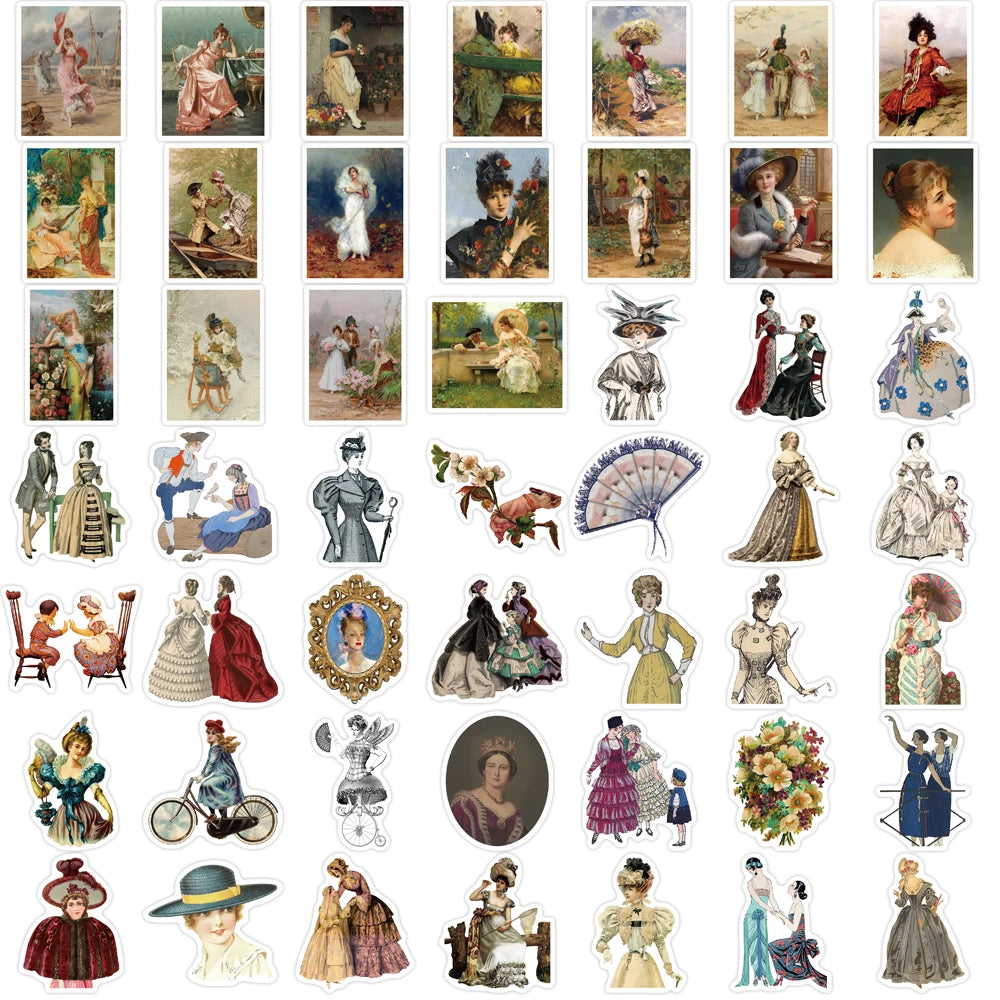 52Pcs Cartoon Retro Victorian Art Series Stickers PVC Waterproof Sticker Decals For Scrapbook Laptop Bottle Toys Gift