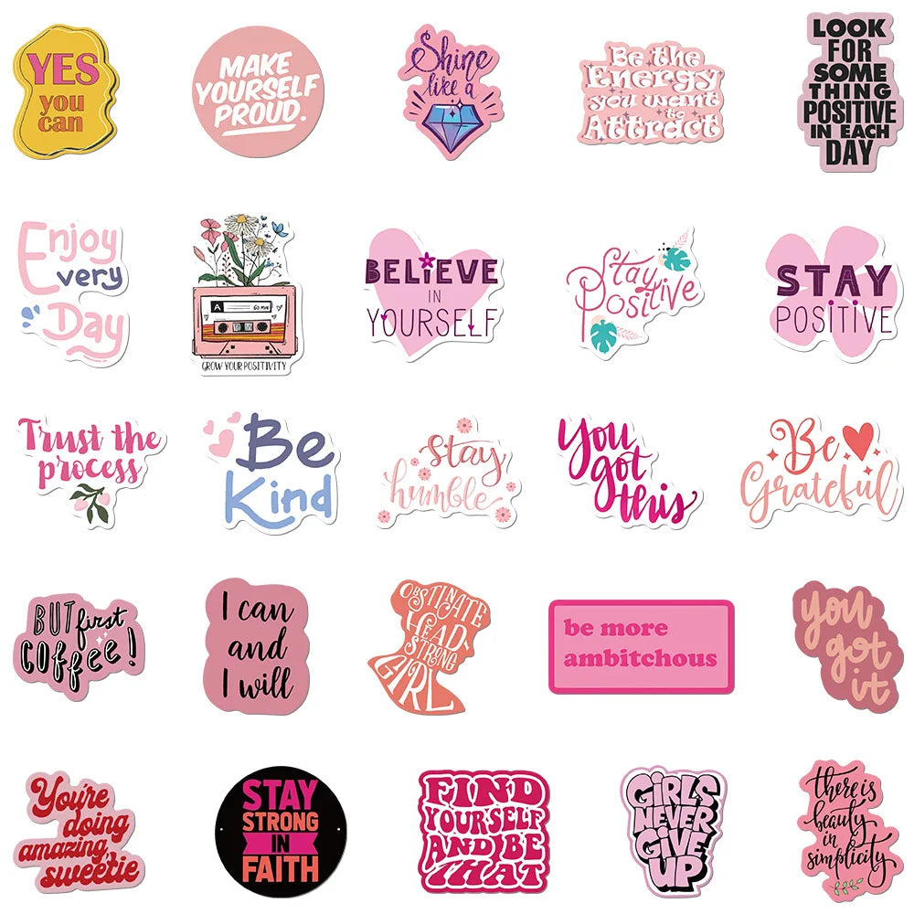 10/50Pcs Cute Pink Inspirational Graffiti Stickers Quote Motivational Phrase Decals Notebook Laptop Phone Aesthetic Decoration