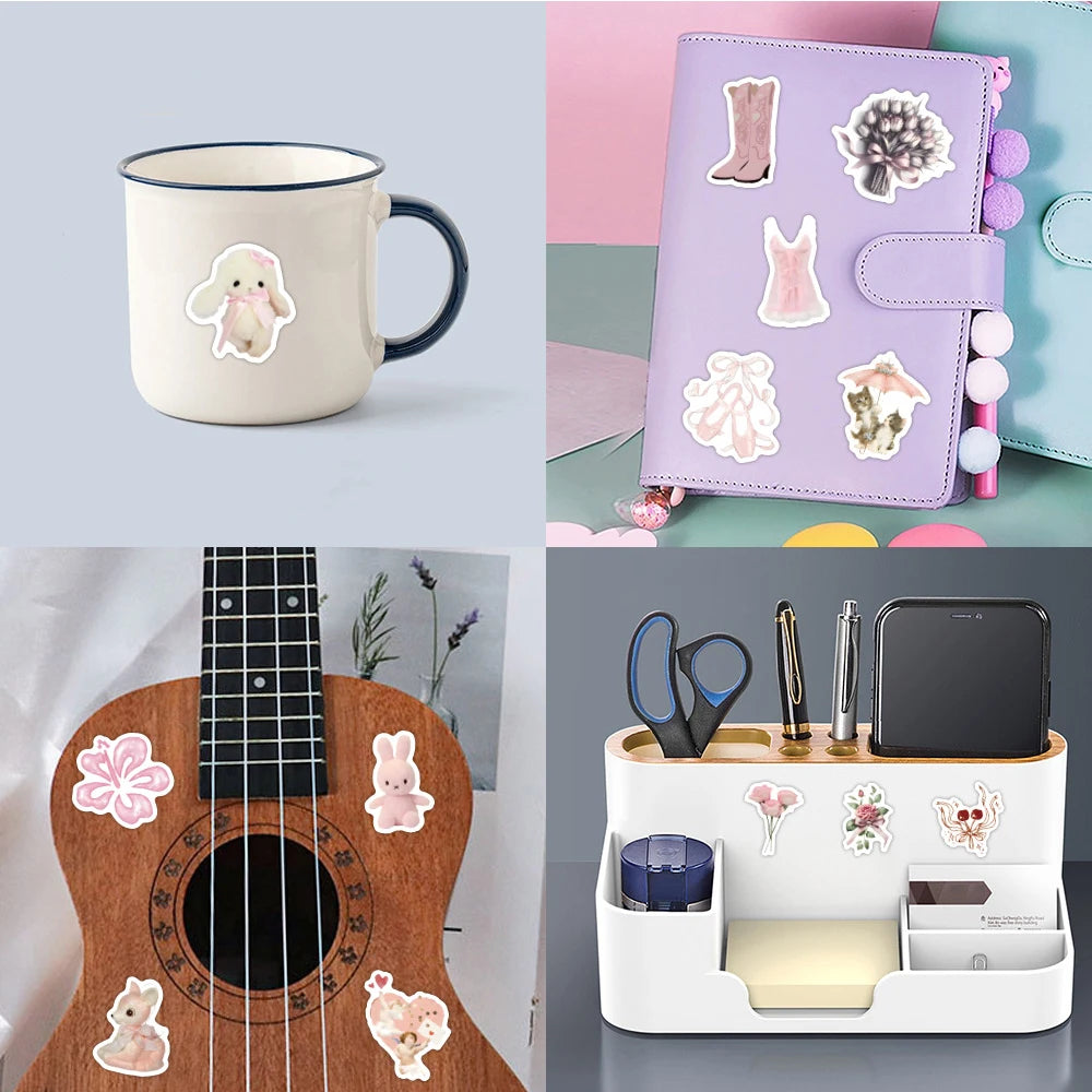 10/30/60pcs Retro Cute Coquette Pink Cartoon Stickers Decals Laptop Suitcase Scrapbook Phone Stationery Sticker for Kids Toys