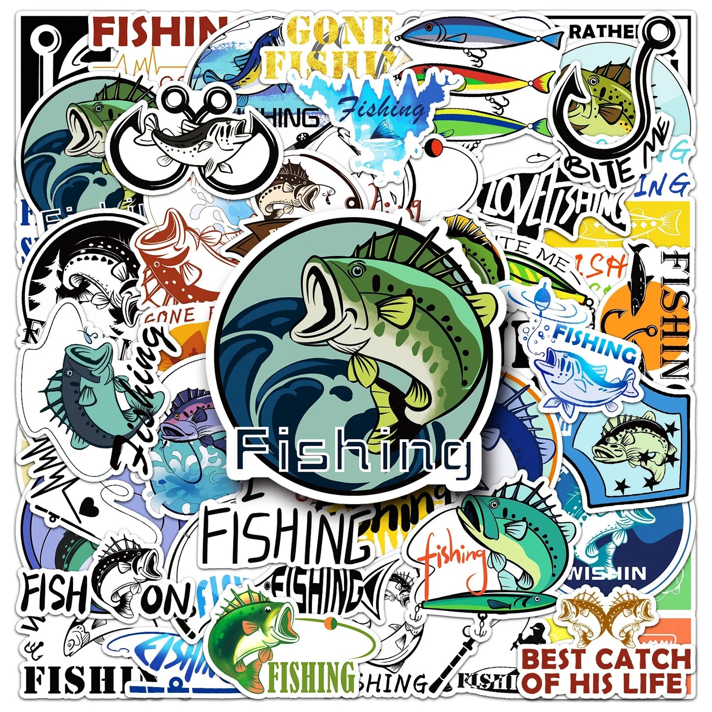 50Pcs Fishing Cartoon Waterproof Vinyl Stickers for Skateboard Snowboard
