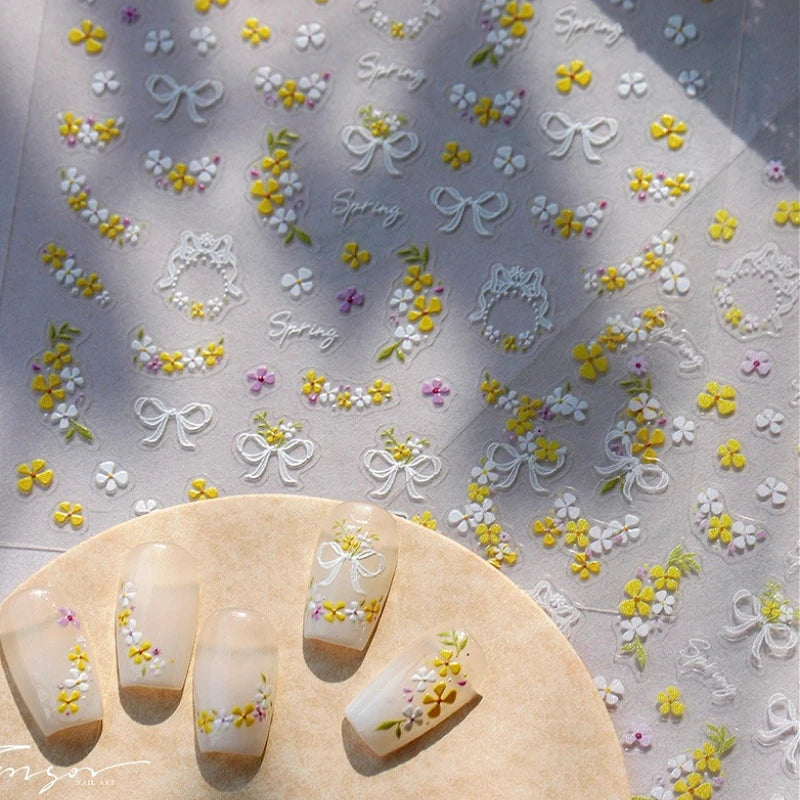Spring Floral Nail Art Stickers: Yellow, Purple, Lace Bowknot