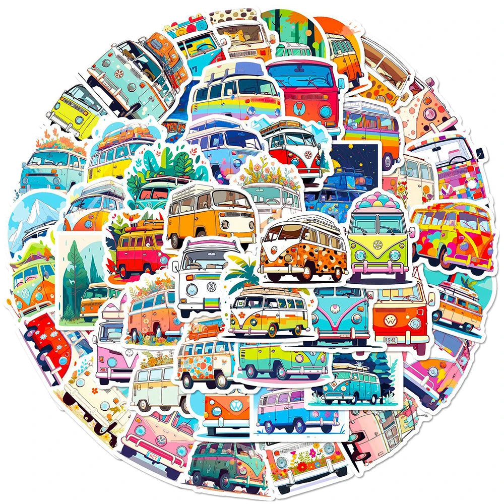 Hippie Bus Cartoon Stickers Pack - DIY Phone Laptop Suitcase Decor