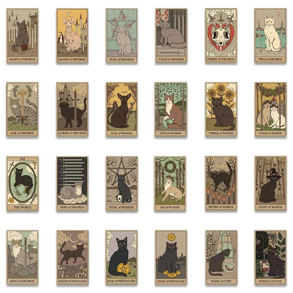 70pcs Retro Cartoon Cats Tarot Art Stickers