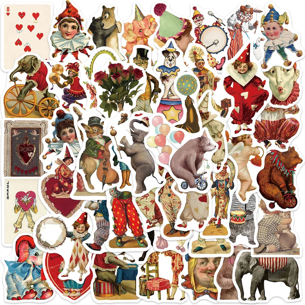 Vintage Circus Clown Stickers 50PCS Retro Aesthetic Decals