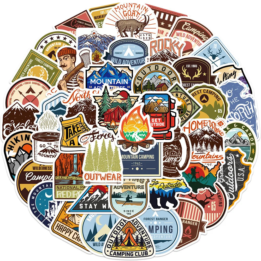 10/30/48PCS Camping Stickers Outdoor Travel Hiking Cartoon Decals DIY Laptop Scrapbook Phone Luggage Water Bottle Helmet Sticker