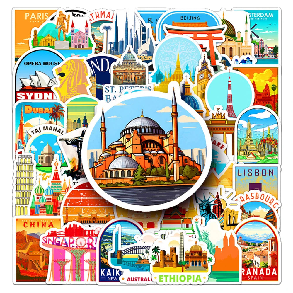 Cartoon Landmark Stickers: 10/30/50pcs Travel Aesthetic Decals for Laptop, Phone, Fridge