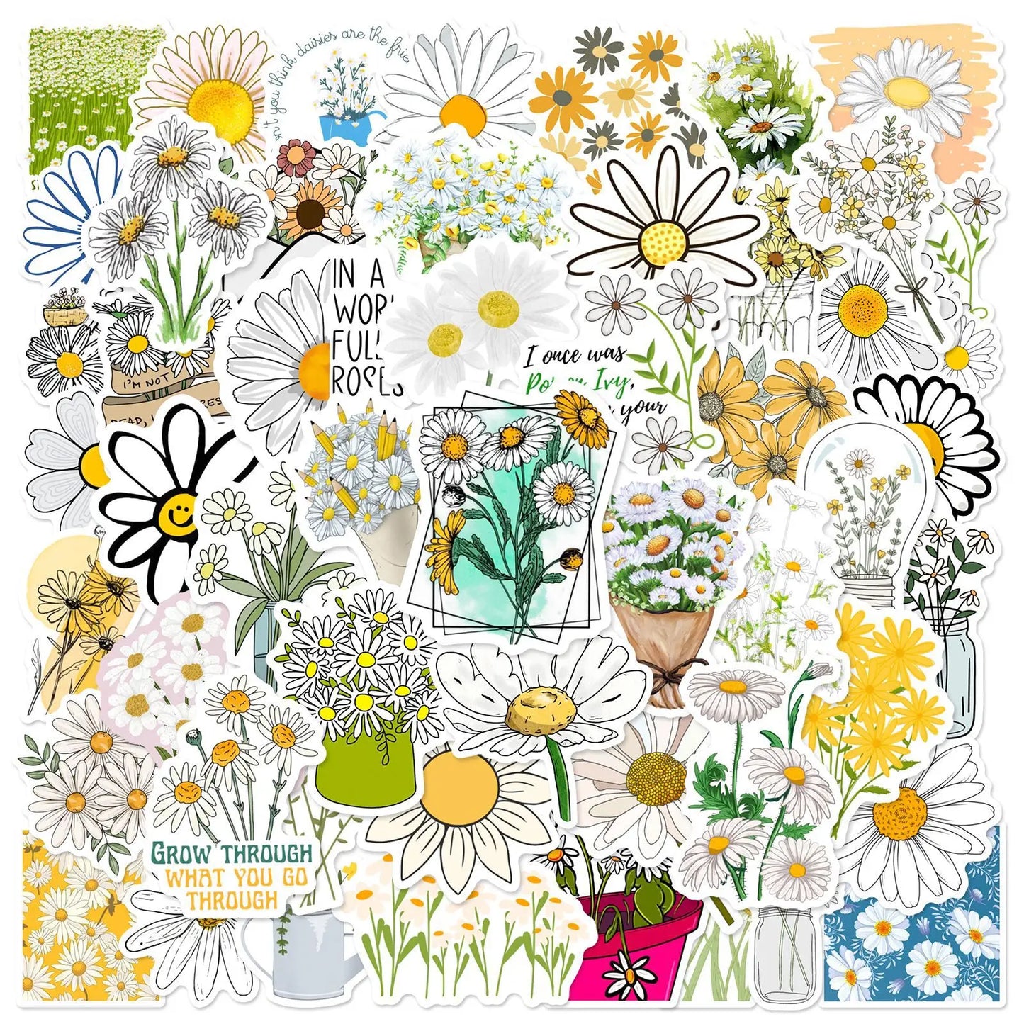 50pcs Cartoon Daisy Stickers for Helmets, Walls, DIY Decoration Wholesale