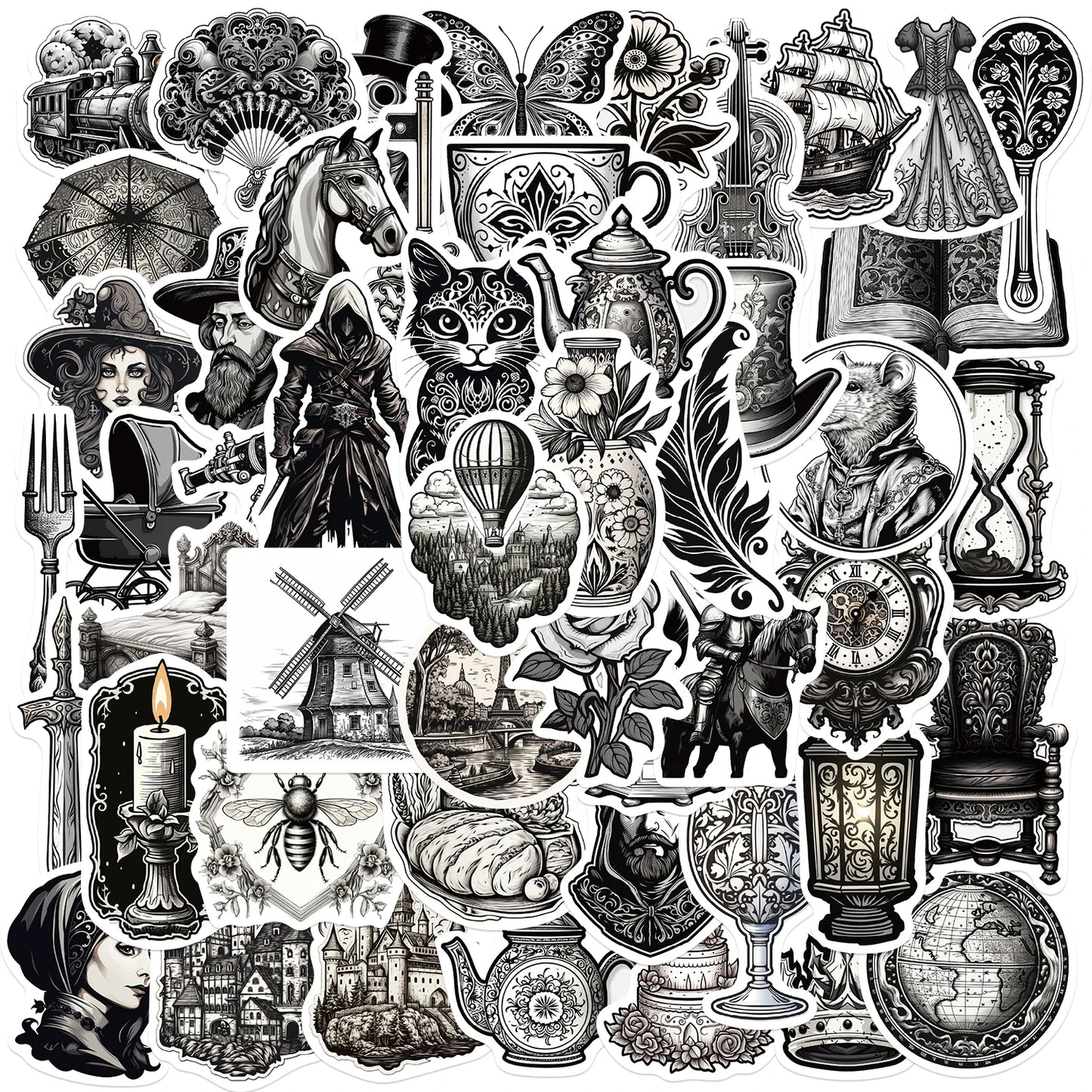50PCS Medieval Black & White Stickers for Guitar & Laptop