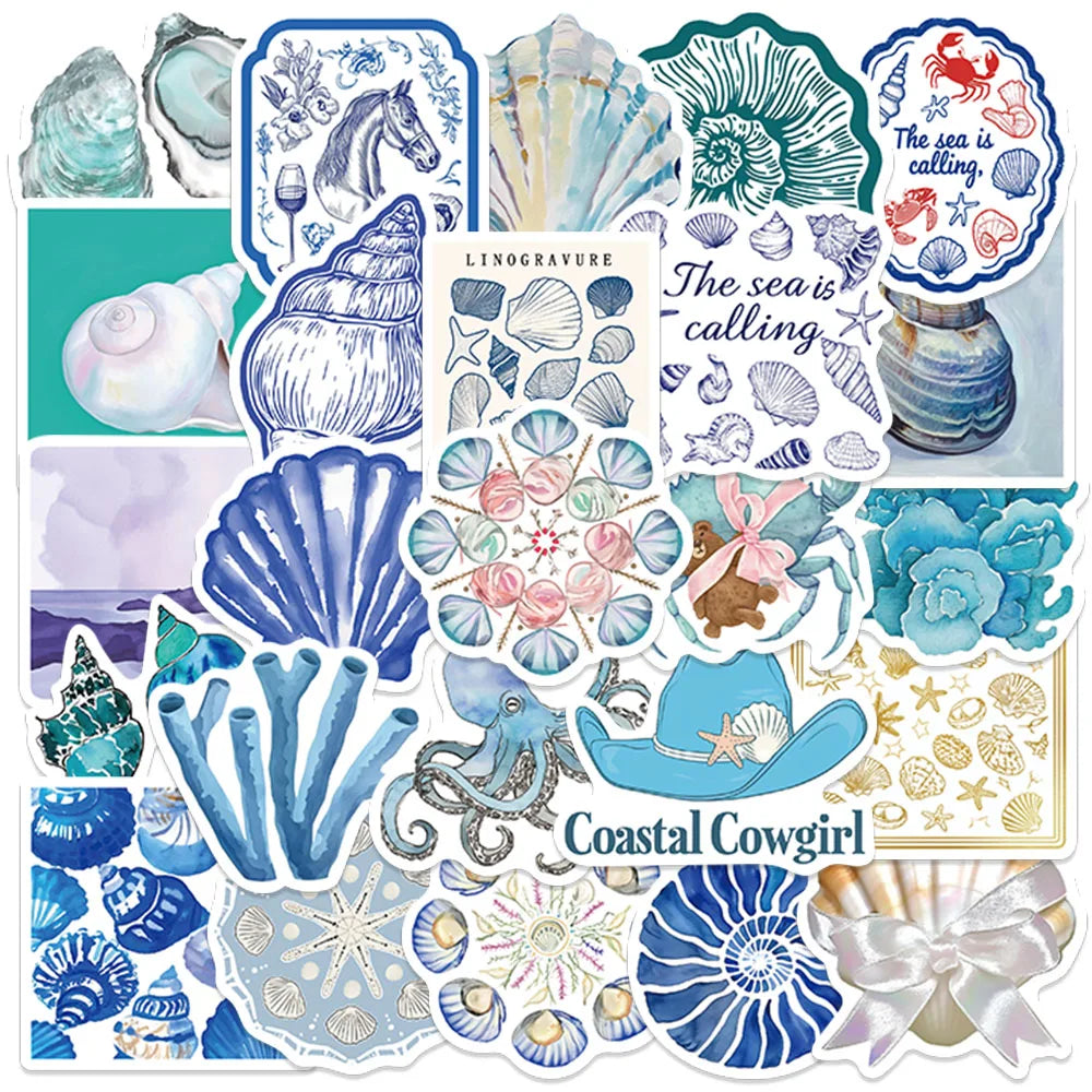 50pcs Aesthetic Cartoon Shell Blue Ocean Stickers Waterproof Graffiti For Luggage Guitar Phone Diary Laptop Vinyl Decals