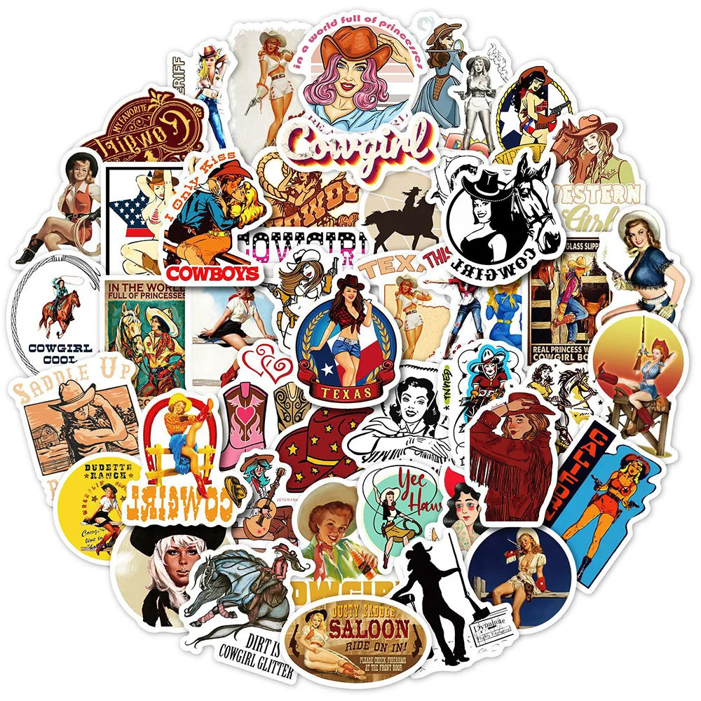 Vintage Western Cowboy Girl Stickers for Phone Laptop Luggage Skateboard Decals Kids Toys
