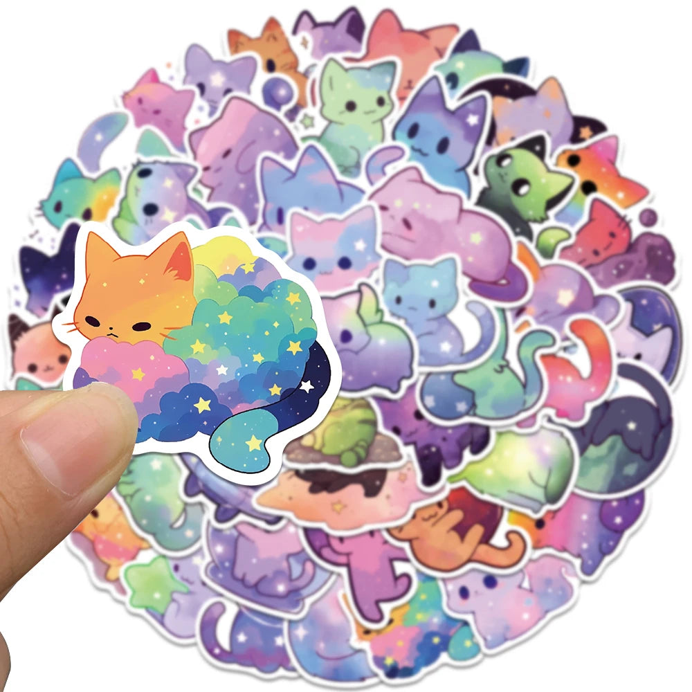 50pcs Kawaii Cartoon Starry Sky Cats Stickers Decals For Laptop Water Bottle Luggage Notebook Phone Vinyl Waterproof Graffiti