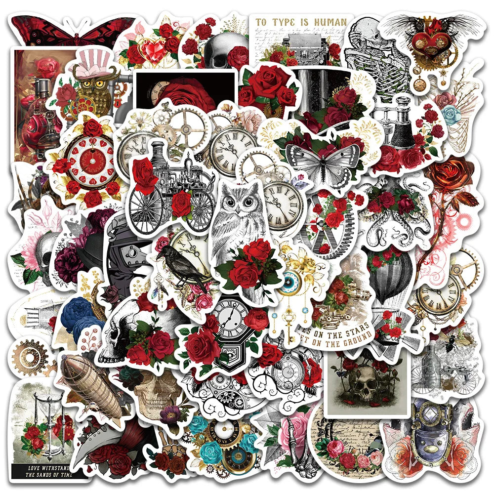 50PCS Vintage Steampunk Rose Flower Stickers for Bicycle, Skateboard, Luggage, Car, Laptop, Motorcycle, Kid Toy