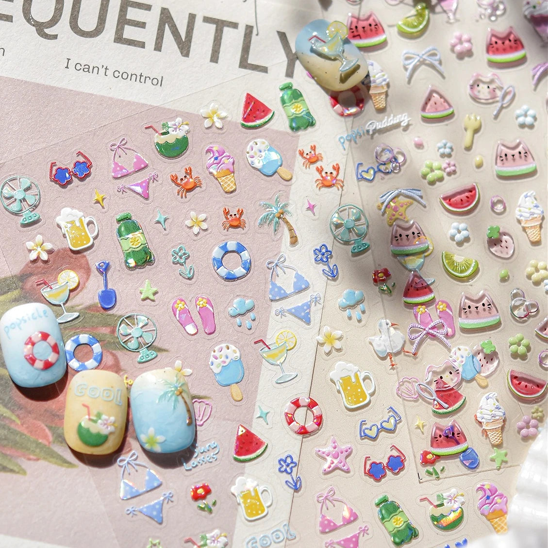Beach Bikini Nail Art Stickers: Watermelon, Cat, Ice Cream