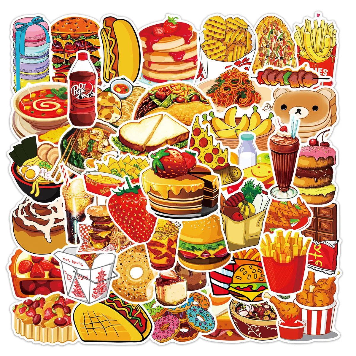50pcs Cartoon Food Stickers for Helmet, Wall, DIY Decoration