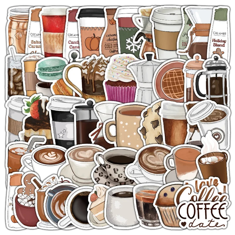 Coffee Drink Graffiti Stickers for Scrapbook, Suitcase, Water Bottle, Phone, Laptop, Guitar, Car, Skateboard - 10/25/50pcs