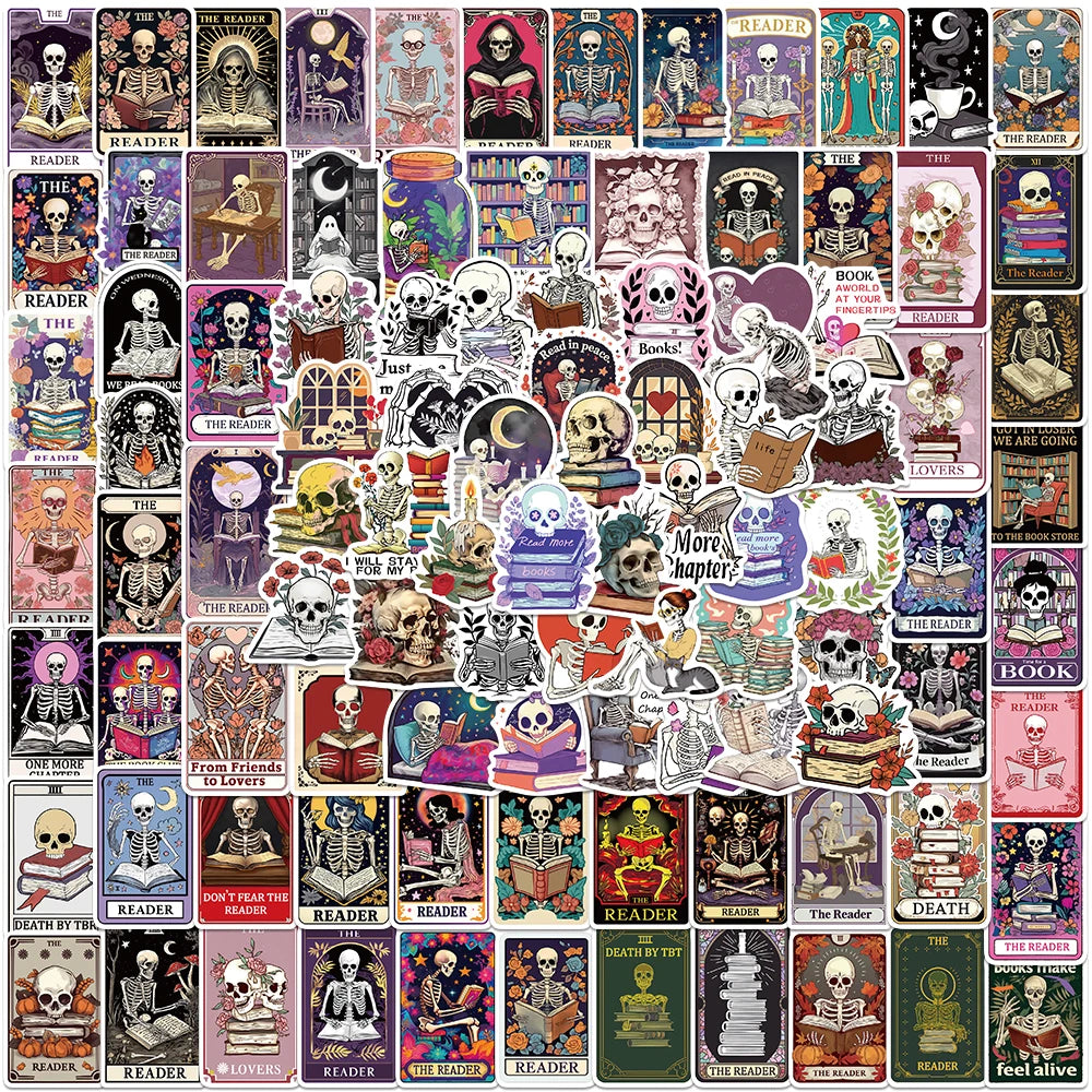 50/100pcs Cartoon Aesthetic Skull Book Death Reader Stickers Waterproof Graffiti For Luggage Guitar Laptop Phone Vinyl Decals
