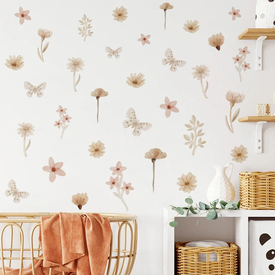 Pink Flower Wall Stickers, Self-Adhesive Vinyl, Living Room & Girls Bedroom Decor