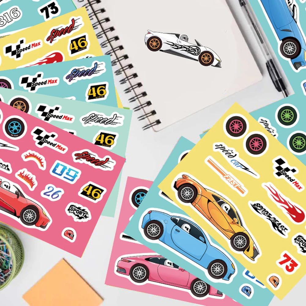 8/16Sheets Modified Racing Car Puzzle Stickers Game Make a Face Assemble Jigsaw Kid Education Toy Craft Sticker Kid Party Gift