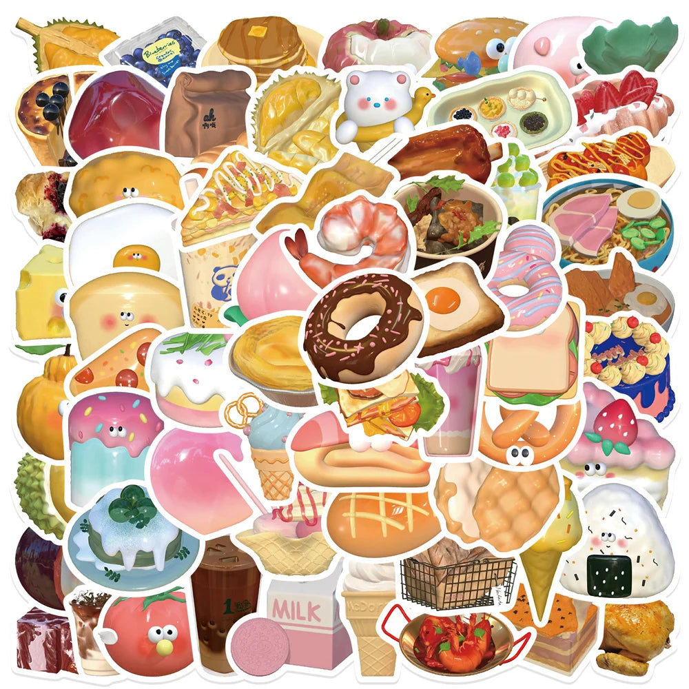 Cute 3D Cartoon Food Stickers for Laptop, Phone, Luggage, Guitar, Bike, Wall, Kid Toy - 10/30/65pcs