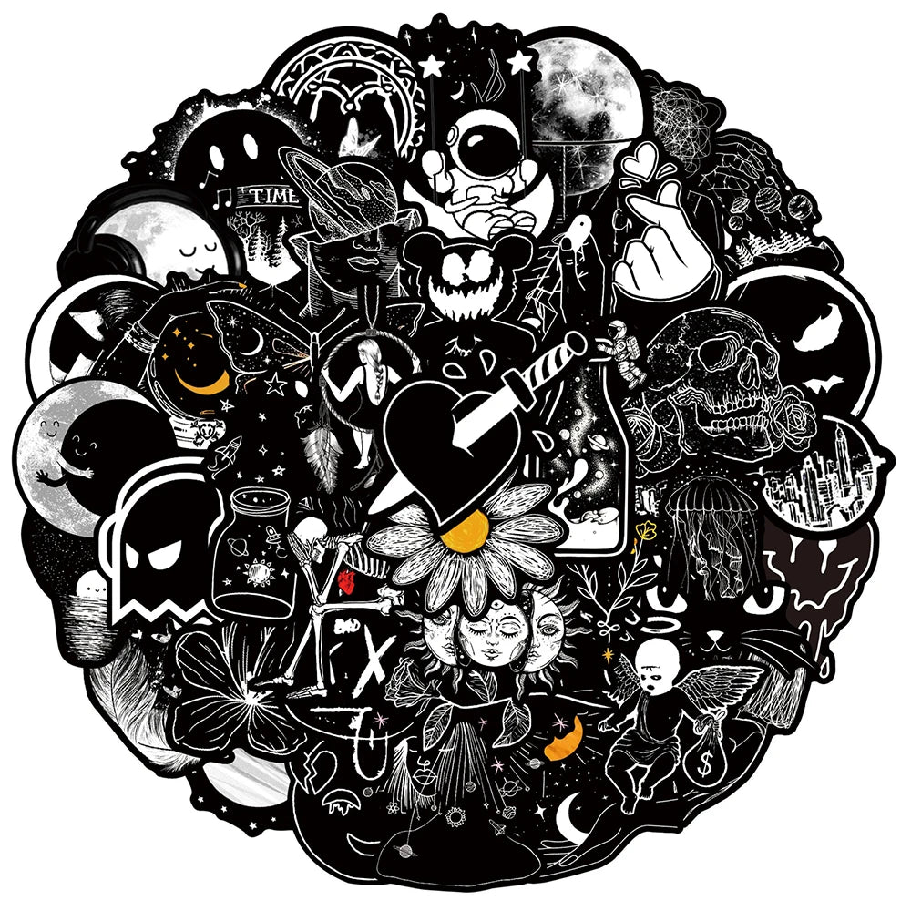 Gothic Graffiti Stickers Pack: Waterproof, Black & White, DIY for Car, Bike, Luggage, Phone, Laptop