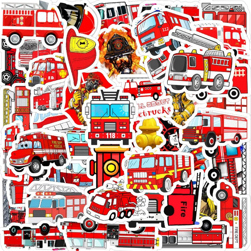 Fire Truck Stickers 10/25/50pcs for Scrapbook, Suitcase, Water Bottle, Phone, Laptop, Car, Skateboard