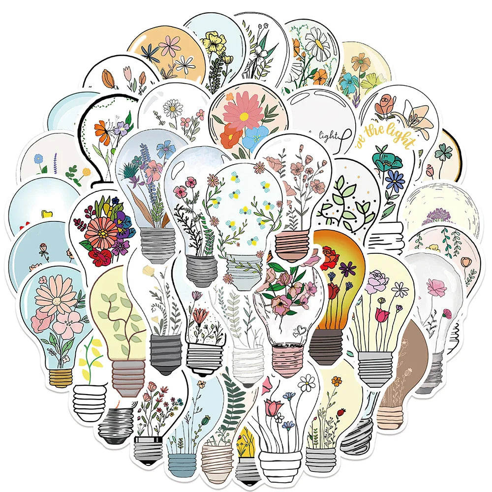 Light Bulb Art Flower Stickers 10/30/50PCS Aesthetic Decals Skateboard Fridge Guitar DIY Cute Kids Toy