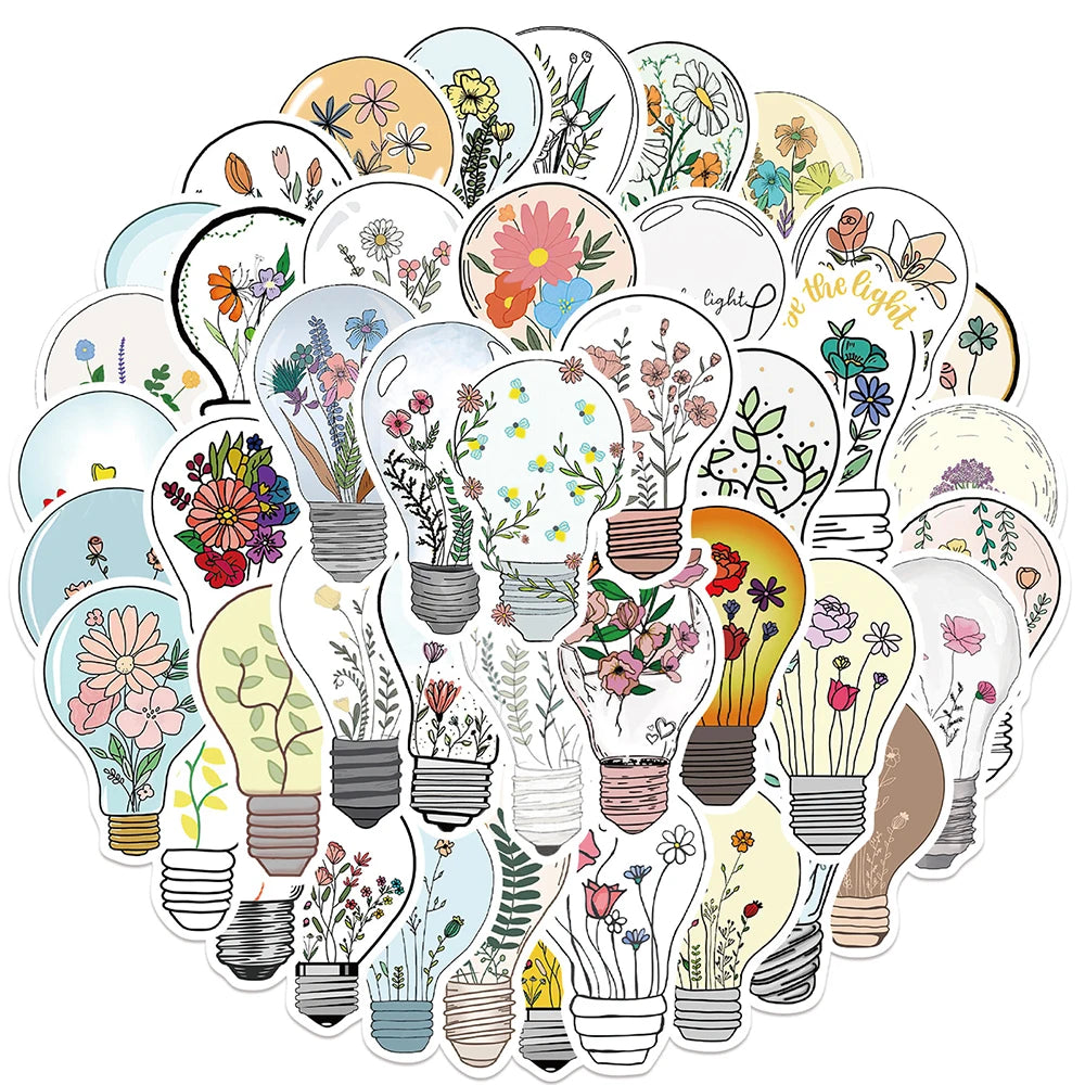 Light Bulb Art Flower Stickers 10/30/50PCS Aesthetic Decals Skateboard Fridge Guitar DIY Cute Kids Toy